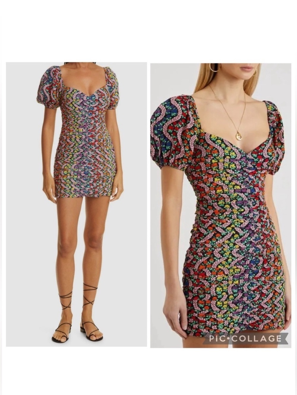 RHODE Esme Love is a Rainbow Ruched Puff Sleeve Floral Mini Dress Sz 6
